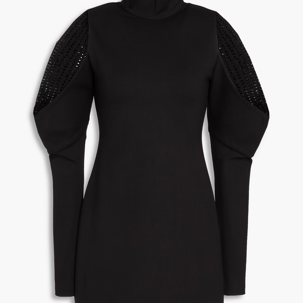 AREA Black Mini Dress with Puff Sleeves and Turtleneck